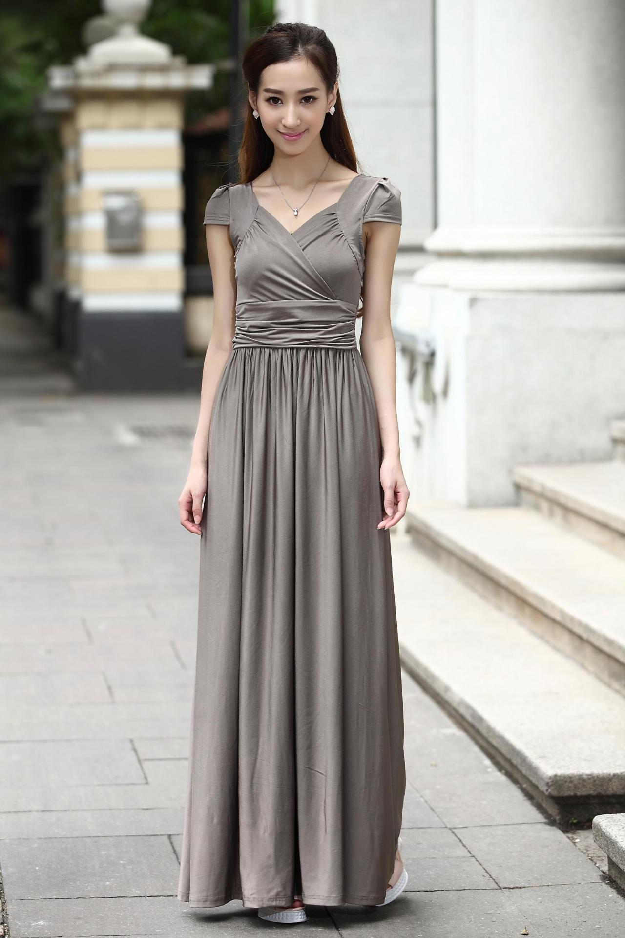 Grey Cap Sleeves Formal Maxi Dress Party Ball Gowns Prom Dresses, Grey